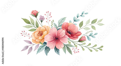 Fototapeta Naklejka Na Ścianę i Meble -  Elegant Watercolor Floral Arrangement with Peach, Pink, and Green Accents on Trnsparent PNG