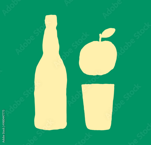 Apple cider hand-drawn illustration. Bottle, glass and apple simple shapes