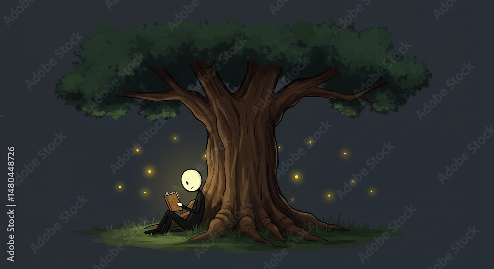 Fototapeta premium Solitary Figure Reading Underneath a Majestic Oak Tree at Night