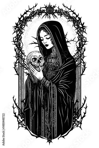 Gothic Art of a Veiled Lady with Skulls