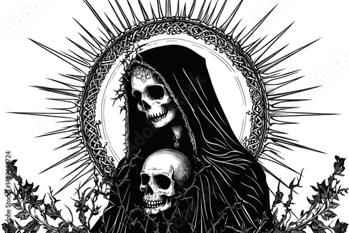 Gothic Art of a Veiled Lady with Skulls