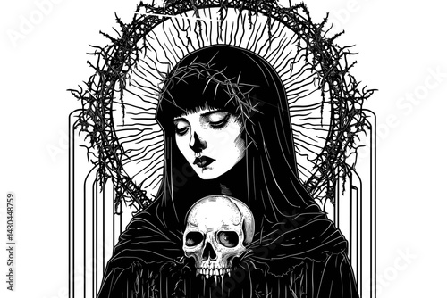 Gothic Art of a Veiled Lady with Skulls