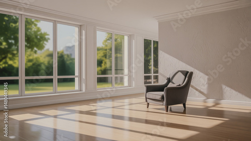 Modern empty room with wooden floor and large livid windows sumptuosity modern bright interiors room illu 