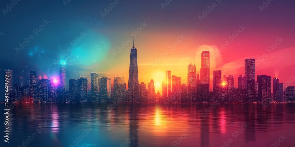Fototapeta premium Vibrant Cityscape at Sunset, Neon Lights Reflecting on Water