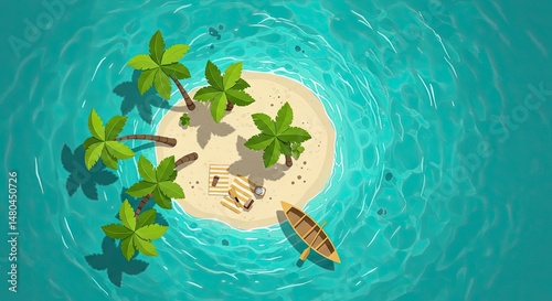 Tropical Island Paradise with Palm Trees and Boat – Aerial View

