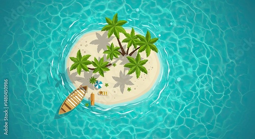 Tropical Island Paradise with Palm Trees and Boat – Aerial View

