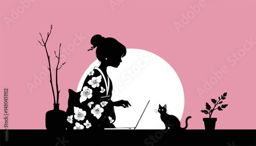 Woman in kimono using laptop with cat and plant at sunset background ,asian woman remote job   