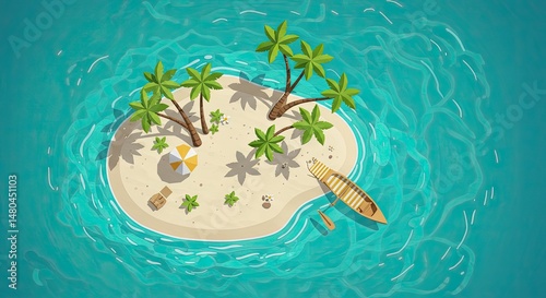 Tropical Island Paradise with Palm Trees and Boat – Aerial View

