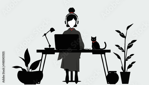 Woman working at desk with headphones and cat among plants , asian woman remote job 