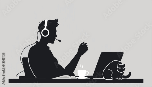 Silhouette of man speaking on headset while working on laptop at desk ,  remote job  