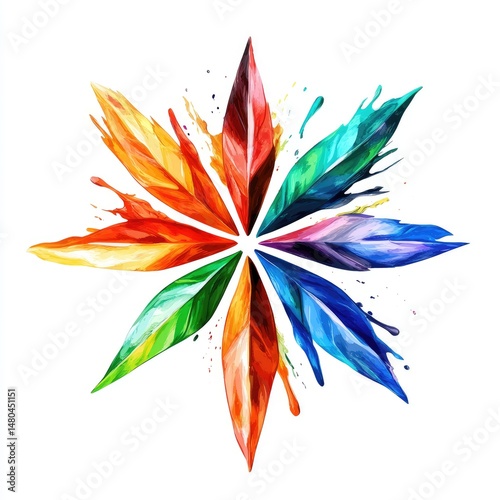 Vibrant, colorful flower-like design.  Dynamic splattered leaves in rainbow hues radiate outward from a central point