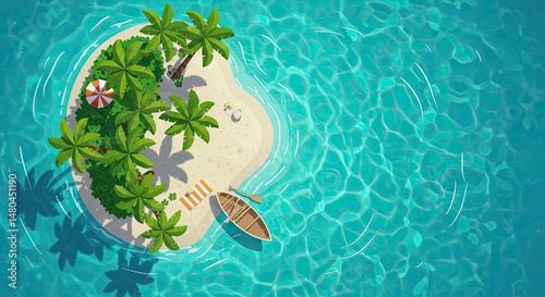 Tropical Island Paradise with Palm Trees and Boat – Aerial View

