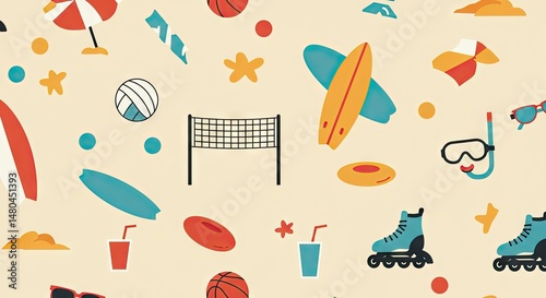 Summer Sports & Leisure Pattern with Surfboards, Rollerblades & Beach Games