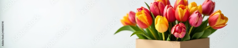 Fototapeta premium Close-up of a stylish paper box overflowing with vibrant tulips, on white background, petals, colorful, present