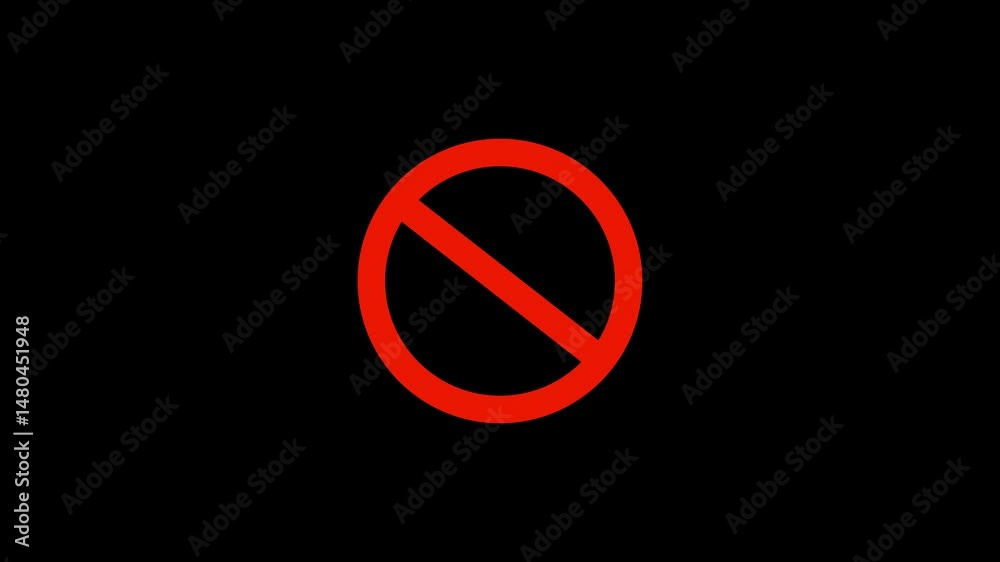 Warning, stop or no entry forbidden red circle on black background. Animation of delete, denied, ban or block icon