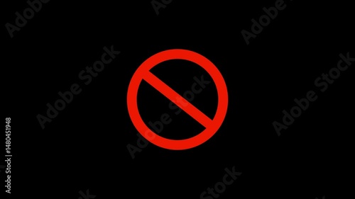 Warning, stop or no entry forbidden red circle on black background. Animation of delete, denied, ban or block icon