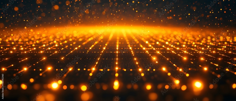 Fototapeta premium Abstract golden light dots arranged in grid formation, offering a captivating visual experience. The image conveys a sense of modernity and technological advancement