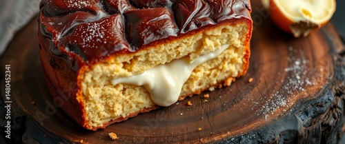 Close-up of rustic Gateau Basque on charred wood; vanilla cream filling visible,  dessertphotography,  traditional photo