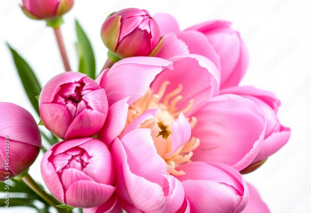 Obraz premium Close-up of vibrant pink peony buds, isolated on white Ample copy space for design mockups, spring, greeting card