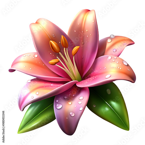 A fresh lily flower with dewdrops on petals, on a white background