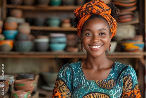 A vibrant and beautiful woman with a radiant smile is adorned in traditional clothing and headwear, standing against a backdrop of artisan pottery, showcasing cultural pride and artistic skill.