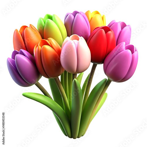 A bunch of tulips in various colors arranged neatly on a white background