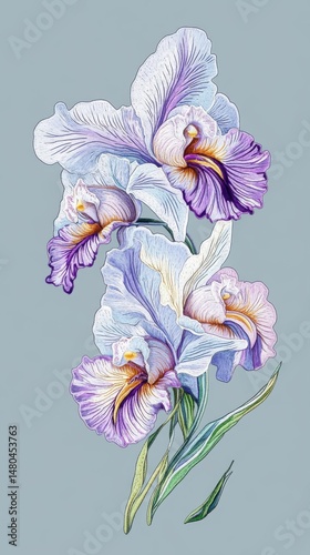 Elegant Iris Flowers in Full Bloom Artistic Illustration Close Up Botanical Art Print Style Floral Design