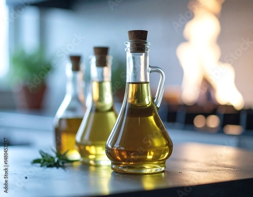 Wallpaper Mural Three Glass Bottles of Golden Olive Oil on a Kitchen Counter with a Blurry Fireplace Background Torontodigital.ca