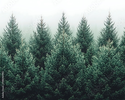 Foggy forest of evergreen trees photo