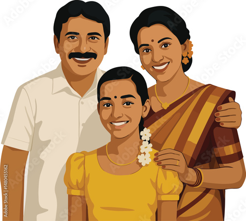 Happy Indian family with daughter vector illustration