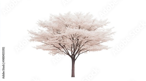 Isolated Cherry Blossom Tree with White Background in Full Bloom Close Up Minimalist Style