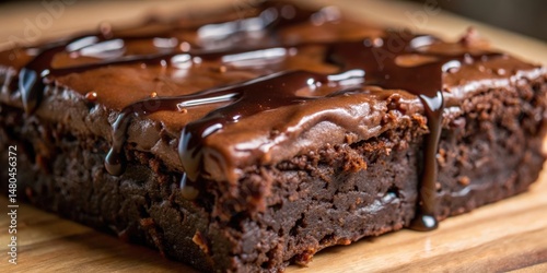A close-up view of a fudgy brownie drizzled with rich chocolate ganache, showcasing its decadent texture and irresistible appeal.