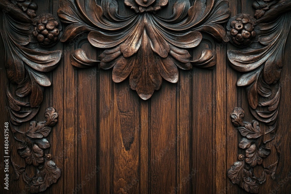 Ornate wood carving on dark brown paneling. Detailed floral and leaf patterns carved into the wood, with vertical wood grain lines Ornate wood carving on dark brown paneling. Detailed floral and leaf patterns carved into the wood, with vertical wood grain lines