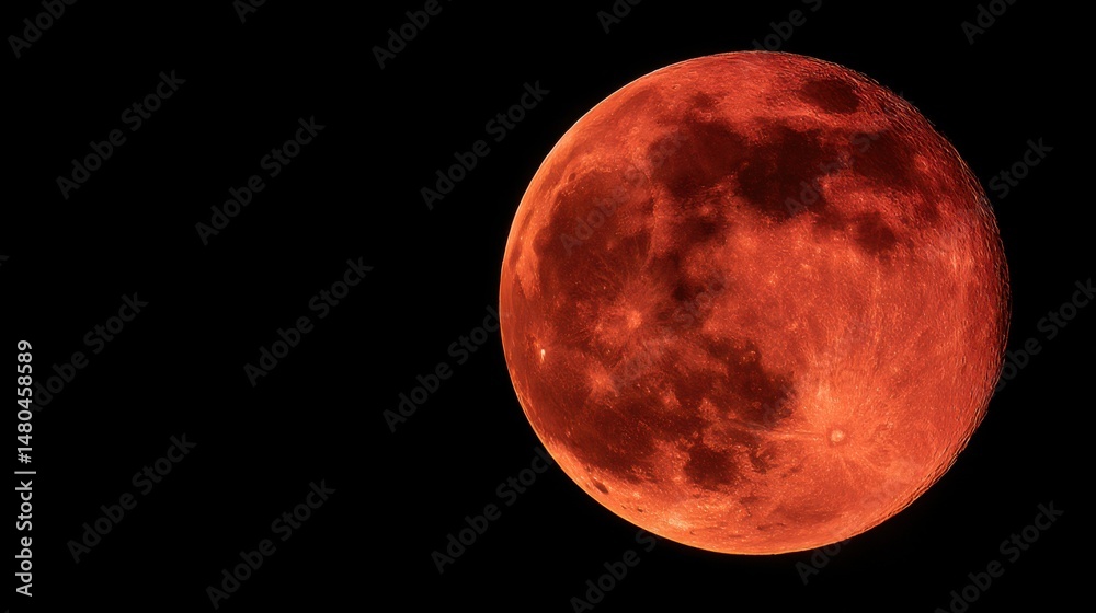 Naklejka premium Dramatic Close-up of a Full Blood Moon Against a Black Sky; Celestial Body in Space; Astronomy Photography; Lunar Eclipse