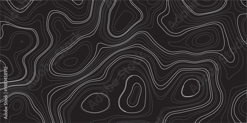 "Design a seamless dark-themed abstract background featuring topographic contour lines. Use flowing, organic shapes with varying line thickness in shades of gray on a black backdrop to create a sense 