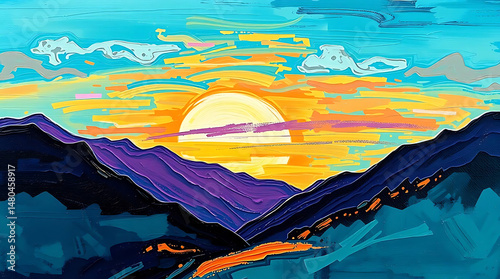 Abstract Sunset Mountain Landscape Painting with Teal and Purple Hues
