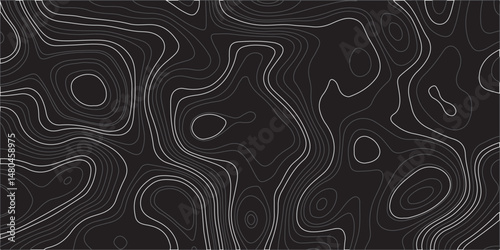 "Design a seamless dark-themed abstract background featuring topographic contour lines. Use flowing, organic shapes with varying line thickness in shades of gray on a black backdrop to create a sense 
