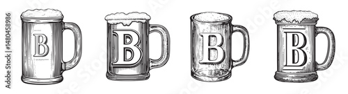 Vintage Style Beer Mugs in Varied Designs and Textures, vintage retro hipster logo design, vector illustration, engraving design