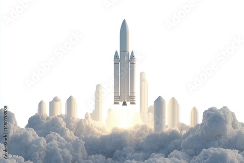 Rocket launch from cloud city futuristic concept low angle view space exploration technology advancement