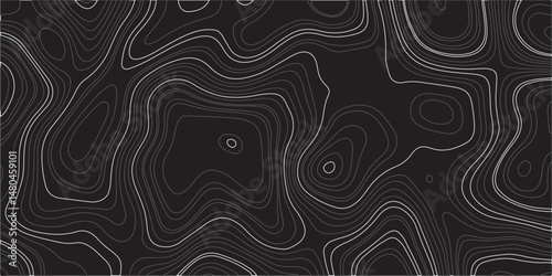 "Design a seamless dark-themed abstract background featuring topographic contour lines. Use flowing, organic shapes with varying line thickness in shades of gray on a black backdrop to create a sense 