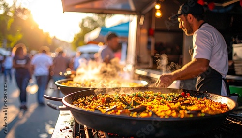 Fototapeta Naklejka Na Ścianę i Meble -  Delicious Seafood Paella Cooking at a Sunny Outdoor Food Market A chef prepares a vibrant paella dish in a large pan