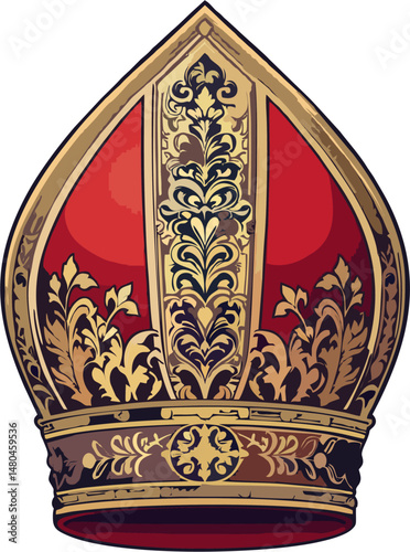 Elegant Red and Gold Papal Mitre Vector – Ornate Baroque Catholic Bishop Hat Illustration
