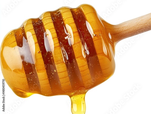 Honey dripping from a wooden dipper.  A close-up view of honey flowing down the wooden honey dipper.  The honey is a rich golden color, and the wooden dipper has visible wood grain