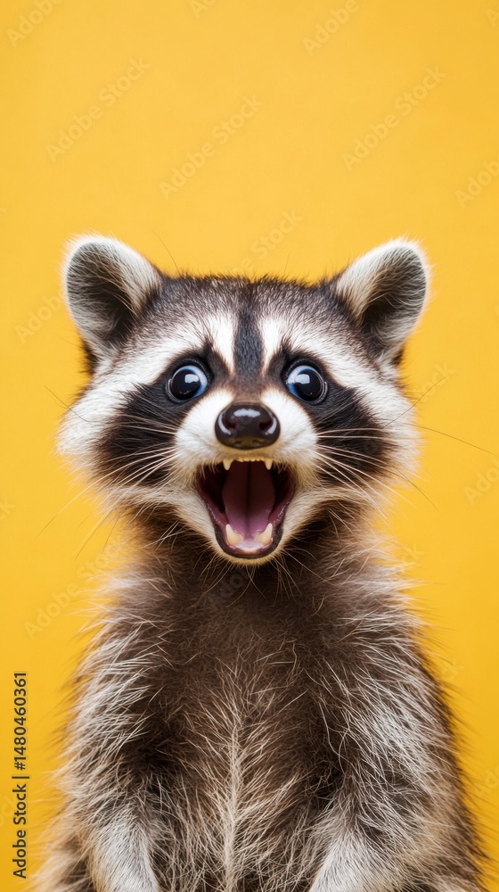 Obraz premium Surprised raccoon portrait on yellow background; animal is showing teeth and looking at camera in a studio shot; head and shoulders close up