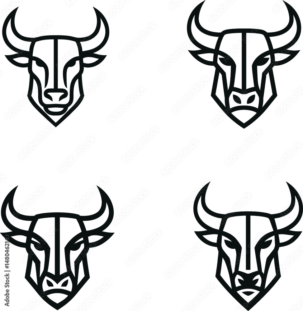 Obraz premium Black & White Minimalist Bull Logo Set | 4 Unique Designs Art & Illustration. 