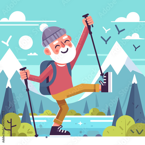 Elderly man joyfully hiking with Nordic walking poles in mountain landscape  