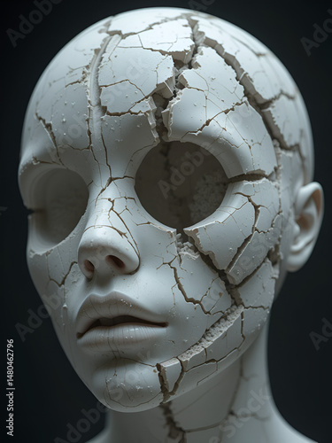 A surreal close-up of a cracked ceramic sculpture, delicate fractures revealing inner layers, fine porcelain dust settling in crevices