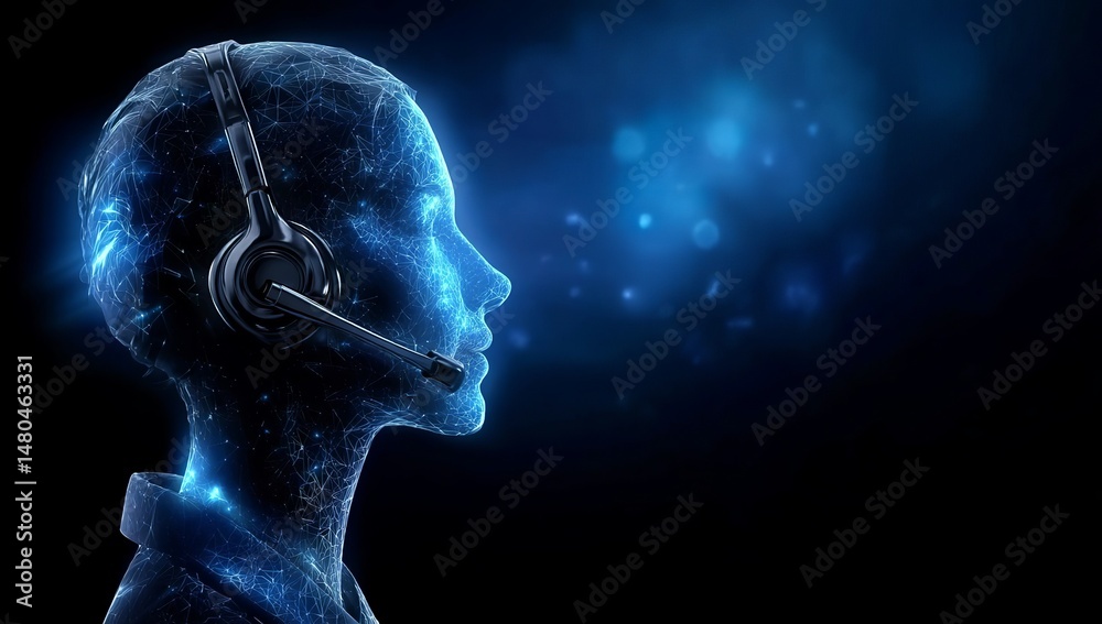 3D render of an AI virtual support agent with a headset, against a dark blue, glowing background, 3D render of an AI virtual support agent with a headset, against a dark blue, glowing background,
