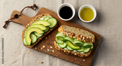 Nutritious Open Faced Sandwiches Topped with Sliced Avocado and Cucumber
