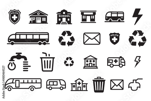 Comprehensive Set of Black and White Utility and Public Service Icons